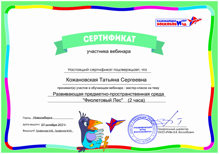 сертификат Кожановская Татьяна Сергеевна